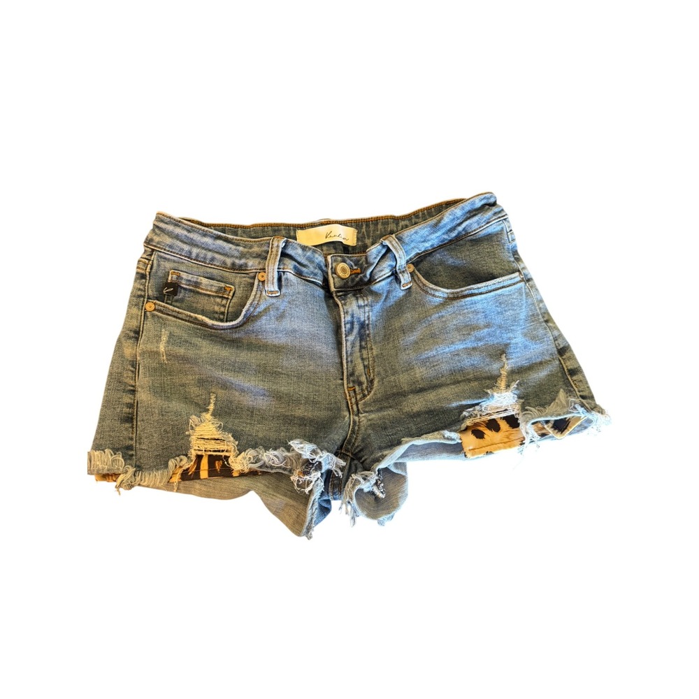 KanCan Distressed Denim Shorts Leopard Print Pocket Medium Wash KC6240M Large